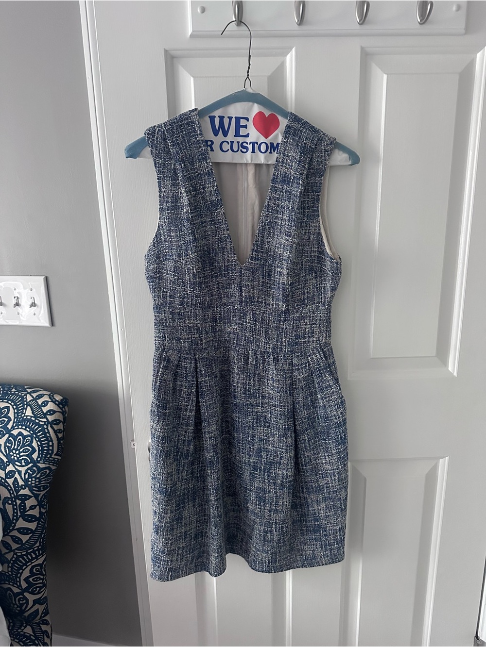 Adam Lippes Blue Tweed V-Neck Midi Dress